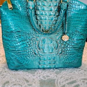 Brahmin Teal Croc-Embossed Satchel with Gold Charm